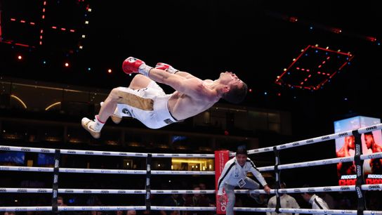 Israil Madrimov celebrates a March 8 win. He'll fight Terence Crawford on Aug. 3 in Los Angeles.