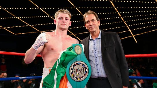 Callum Walsh and promoter Tom Loeffler celebrate Walsh's unanimous decision victory on Nov. 9 in New York over Ismael Villarreal.