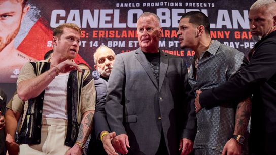 Canelo Alvarez (L) gestures to Edgar Berlanga, second from right. They fight Saturday for the super middleweight title at T-Mobile Arena in Las Vegas.