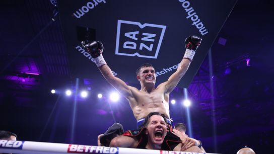 Jack Catterall gets a victory ridge after winning a unanimous decision over Josh Taylor Saturday in Leeds, England.