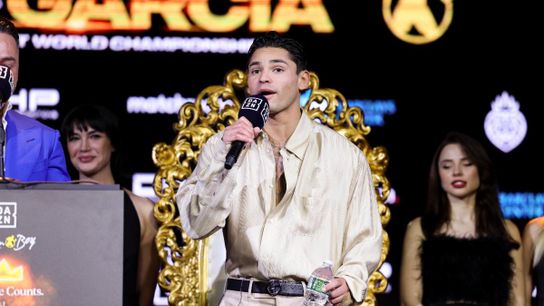 Ryan Garcia speaks at a New York press conference to promote his April 20 bout against Devin Haney.