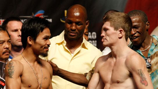 Manny Pacquiao (L) knocked out Ricky Hatton in the second round on May 2, 2009, in Las Vegas.