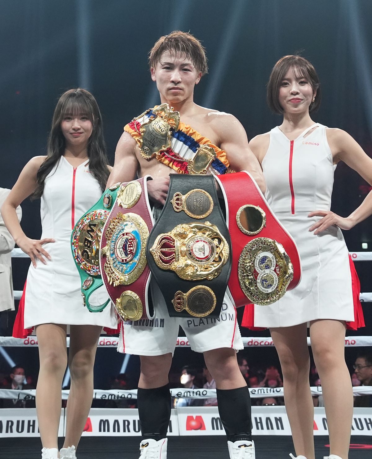 Naoya Inoue poses with his title belts after stopping Ye Joon Kim in the fourth Friday in Tokyo. Naoya Inoue poses with his title belts after stopping Ye Joon Kim in the fourth Friday in Tokyo.