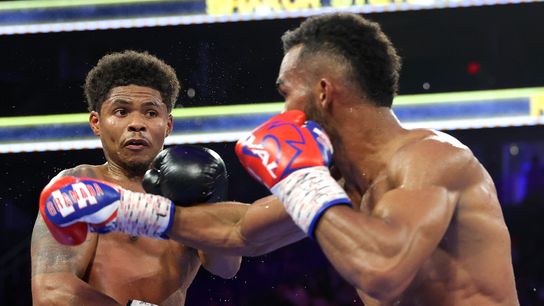 Shakur Stevenson (L) defends his WBC lightweight title Saturday against unbeaten Floyd Schofield.