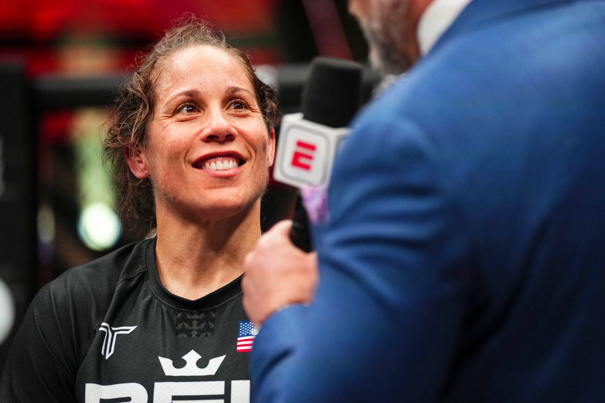 Former Bellator flyweight champion Liz Carmouche beams after defeating Julianna Velasquez Thursday for the third time in as many meetings, this time in the PFL's 2024 season opener in San Antonio, Texas.