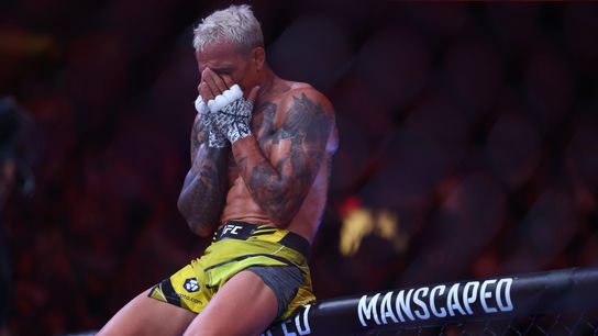 Former lightweight champion Charles Oliveira reacts after a win over Beneil Dariush at UFC 289.