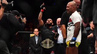 Demetrious Johnson hangs up the gloves after an epic career in which he'll be remembered as one of MMA's all-time legends (UFC). Photo by Ron Chenoy/Imagn Images