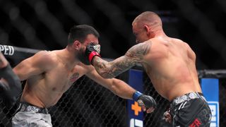 Dustin Poirier has the finish line in sight, but reminded everyone emphatically at UFC 299 that he's not done just yet taken The Kaseya Center (UFC). Photo by Sam Navarro/USA Today Sports