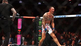 UFC 300 main card: Max Holloway is the BMF after knocking Justin Gaethje cold taken T-Mobile Arena (UFC). Photo by Mark J. Rebilas/USA Today Sports