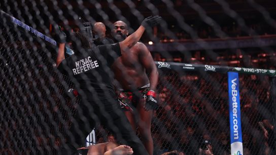 Referee Herb Dean stops the bout as Jon Jones walks away after beating Stipe Miocic at UFC 309 to retain the heavyweight title. Referee Herb Dean stops the bout as Jon Jones walks away after beating Stipe Miocic at UFC 309 to retain the heavyweight title.