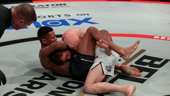 Patchy Mix (L), shown in a 2024 win over Magomed Magomedov in Bellator, is 20-1 in his MMA career as he makes his UFC debut on Saturday.