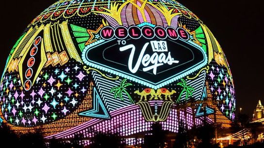 The outside of The Sphere, advertising the Las Vegas Convention & Visitors Authority.