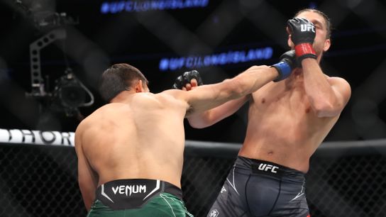 Yair Rodriguez (L) throws a right hand at Brian Ortega in their 2022 bout in Elmont, N.Y.  They meet again Saturday in Mexico City.
