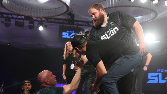 Power Slap founder Dana White congratulates Dumpling after his first-round KO in his Power Slap debut on Friday in Las Vegas.
