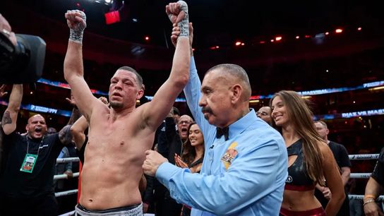 Nate Diaz celebrates his win over Jorge Masvidal Saturday.